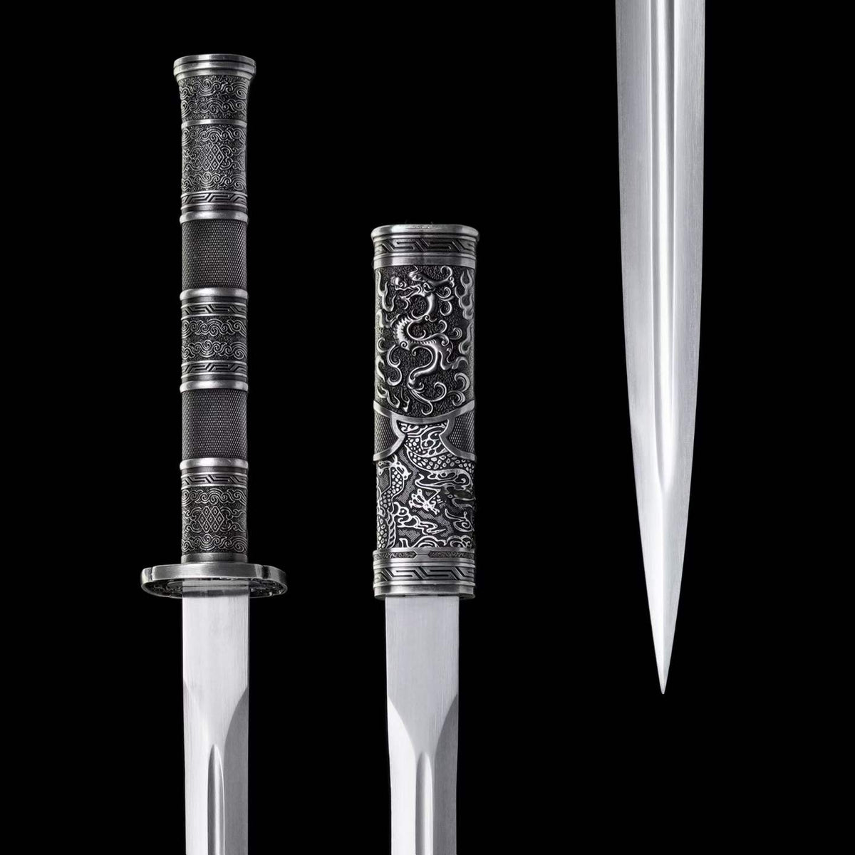 Full Tang Twin Dragon Mother & Son Sword Set, High Manganese Steel Chinese Double Sword, Sharp Blade, Antique Silver Carved Fittings, Decorative Collectible Sword