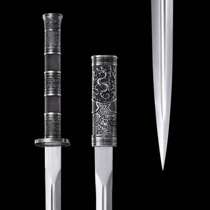 Full Tang Twin Dragon Mother & Son Sword Set, High Manganese Steel Chinese Double Sword, Sharp Blade, Antique Silver Carved Fittings, Decorative Collectible Sword