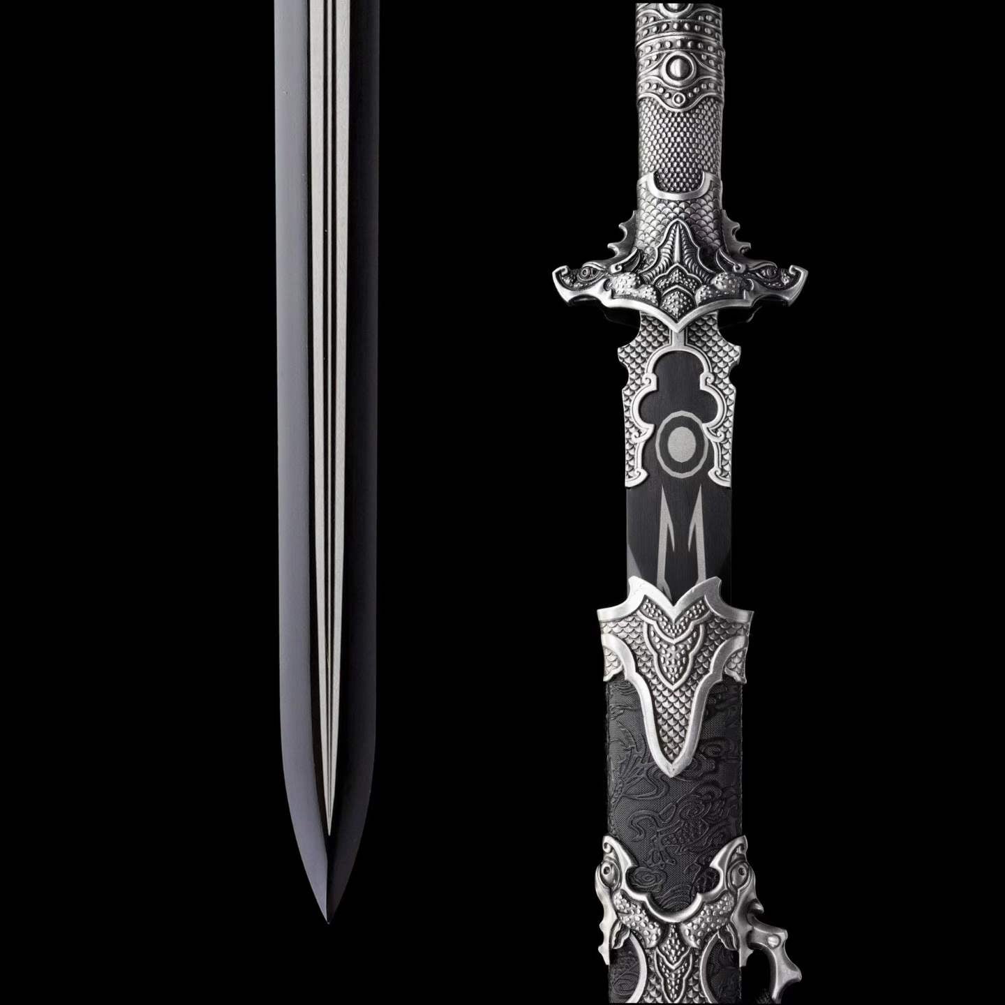 Xuan‑Lin Imperial Qilin Jian, Full Tang Construction, Sharp Blade, Forged High Manganese Steel, Alloy Fittings, One‑Piece Alloy Handle, Solid Wood Artificial Leather Wrapped Scabbard, Historical Collectible Chinese Sword