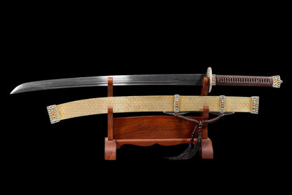 Full Tang Golden Talisman Saber, Hand Carved Two-Tone Copper Fittings, Solid Wood Handle Wrapped with Cord, Damascus Steel Sharp Edge, Pure Copper Wrapped Solid Wood Scabbard, Chinese Collectible Sword