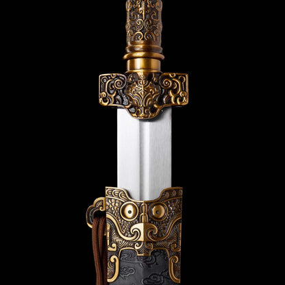Full Tang Ancient Chu Sword Replica, Sharp Cutting Edge, High‑Manganese Steel Blade, Alloy Fittings, Wood Artificial Leather Scabbard Historical Collectible Sword