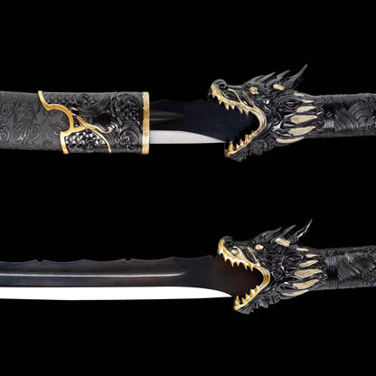 Black Dragon Battle Dao, Full Tang Construction, High Manganese Steel Blade, Alloy Fittings, Artificial Leather Wrapped Solid Wood Scabbard, Collectible Decorative Chinese Sword