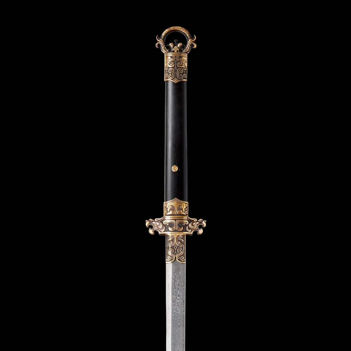Taotao Ring Pommel Tang Dao, Full Tang Construction, Forged Damascus Steel Blade, Sharp Edge, Brass Taotao Carved Fittings, Premium Dragon Phoenix Rosewood Scabbard & Handle, Collectible Decorative Chinese Sword