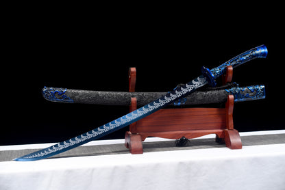 Integrated Full Tang Manganese Steel Forged Blue Surface Pattern Xiu Chun Dao, Metal Handle Solid Wood PU Scabbard Ming Jinyiwei Style Collectible Saber