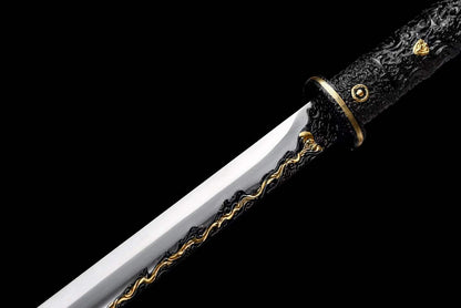 Integrated Full Tang High‑Manganese Steel Tang Straight Dao, Sharp Blade, One‑Piece Metal Handle, Solid Wood Scabbard Black‑Gold Dragon Pattern Ancient Chinese Collectible Sword
