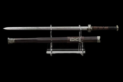 Xuan‑Lan Han Jian, Full Tang Construction, Sharp Blade, Hand‑Forged Stone‑Textured Damascus Steel, Hand‑Carved White‑Copper Fittings, Precious Ebony Wood Scabbard, Historical Collectible Chinese Sword