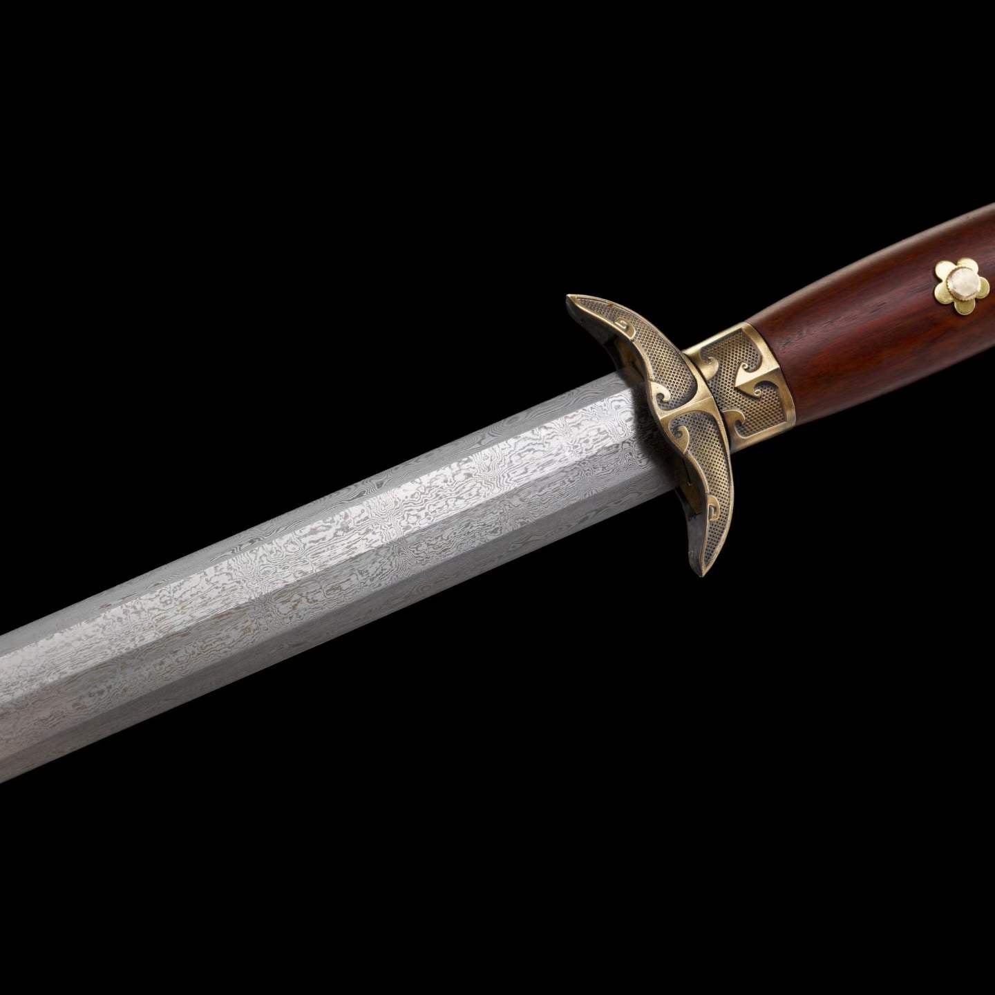 Hanchuan Song Dynasty Chinese Sword, Full Tang Construction, Sharp Blade, Eight‑Sided Forged Damascus Steel, Antique Bronze Cloud‑Pattern Fittings, Premium Dragon‑Phoenix Hardwood Handle And Scabbard, Historical Collectible Sword