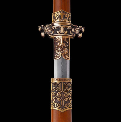 Autumn-Water Tang Sword, Full Tang Construction, Sharp Blade, Forged Damascus Steel, Brass Fittings, Premium Dragon-Phoenix Hardwood Handle And Scabbard, Ancient Chinese Heroic Replica Sword