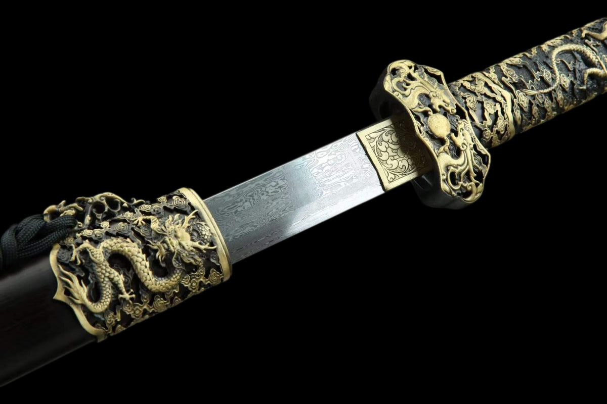 Rui Long Tang Dao, Damascus Steel Hand‑Forged Blade, Brass Intricately Carved Aged Fittings, Premium Ebony Scabbard, Full‑Tang Construction, Sharp Edge, Collectible Decorative Tang Sword