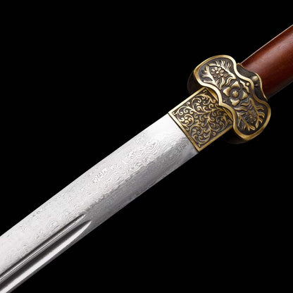 Full Tang Ding Baiying Chinese Sword, Forged Damascus Steel Sharp Blade, Brass Engraved Fittings, Dragon Phoenix Sandalwood Scabbard, Collectible Wuxia Sword