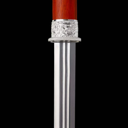 Cang‑Lin Ring‑Pommel Sword, Full Tang Construction, High‑Manganese Steel Forged Sharp Blade, Zinc Alloy Fittings, Premium Red Wood Handle And Scabbard, Collectible Display Sword