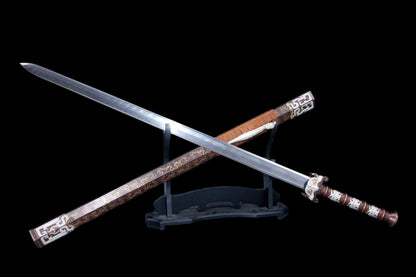 Taotie Ancient Han Jian, Full Tang, Sharp Blade, Hand‑Forged Damascus Steel Blade, Gilt‑Silver Solid Copper Handle & Fittings, Hand‑Carved Copper Scabbard, Ornate Taotie‑Beast Hardware, Collectible Chinese Sword