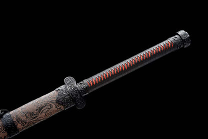 Thunder Tribulation Blade, Full Tang Construction, Forged High Manganese Steel, Sharp Edge, Alloy Fittings, Cord Wrapped Solid Wood Handle, Artificial Leather Wrapped Solid Wood Scabbard, Collectible Decorative Sword