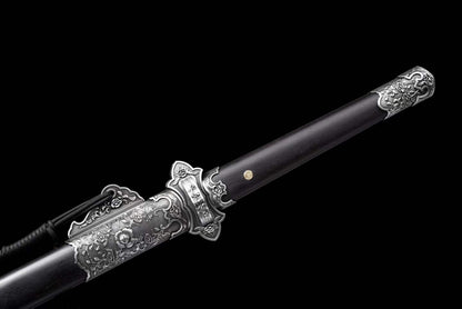 Jin‑Shuang Tang Dao, Full Tang Construction, Sharp Blade, High‑Manganese Steel Blade, Zinc‑Alloy Peony Engraved Fittings, Premium Ebony Wood Handle And Scabbard, Historical Replica Collectible Sword