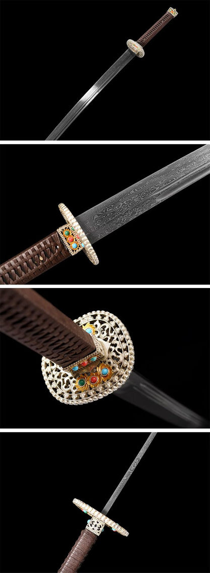 Full Tang Golden Talisman Saber, Hand Carved Two-Tone Copper Fittings, Solid Wood Handle Wrapped with Cord, Damascus Steel Sharp Edge, Pure Copper Wrapped Solid Wood Scabbard, Chinese Collectible Sword