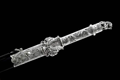 Cang‑Lan Dragon Sovereign Jian, Full Tang Construction, Sharp Blade, High Manganese Steel Octahedral Blade, Alloy Dragon‑Wave Fittings, Premium Ebony Wood Scabbard, Historical Collectible Chinese Sword