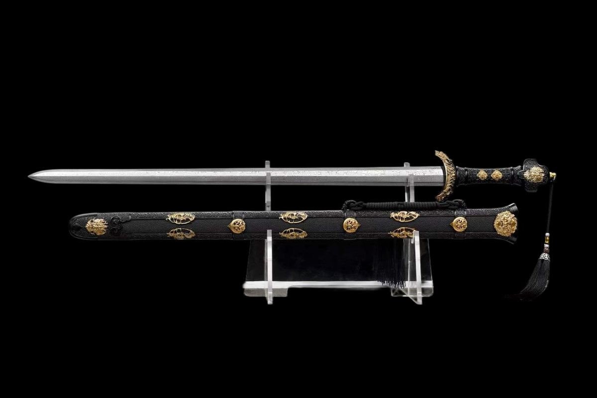 Golden Lion Chinese Jian, Full Tang Construction, Sharp Blade, Hand-Forged Damascus Steel Blade, Alloy Gold-Plated Fittings, Wooden Scabbard Wrapped With Artificial Leather, Collectible Historical Chinese Sword