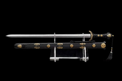 Golden Lion Chinese Jian, Full Tang Construction, Sharp Blade, Hand-Forged Damascus Steel Blade, Alloy Gold-Plated Fittings, Wooden Scabbard Wrapped With Artificial Leather, Collectible Historical Chinese Sword