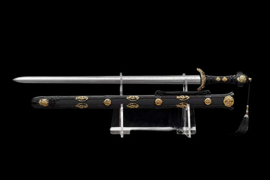 Golden Lion Chinese Jian, Full Tang Construction, Sharp Blade, Hand-Forged Damascus Steel Blade, Alloy Gold-Plated Fittings, Wooden Scabbard Wrapped With Artificial Leather, Collectible Historical Chinese Sword