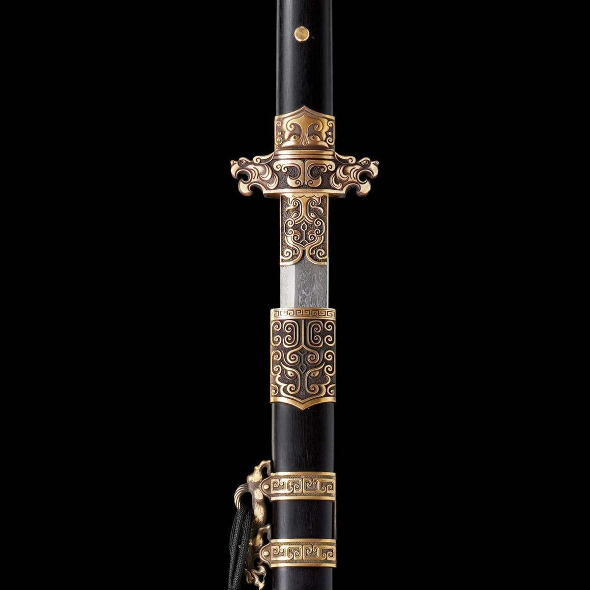 Taotao Ring Pommel Tang Dao, Full Tang Construction, Forged Damascus Steel Blade, Sharp Edge, Brass Taotao Carved Fittings, Premium Dragon Phoenix Rosewood Scabbard & Handle, Collectible Decorative Chinese Sword