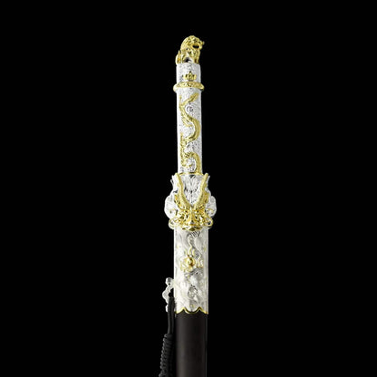 Dragon‑King Chinese Sword, Full Tang Construction, Sharp Blade, High‑Manganese Steel Eight‑Sided Blade With Engraved Gilded Pattern, Zinc Alloy Fittings, Premium Ebony Wood Scabbard, Myth‑Inspired Collectible Sword