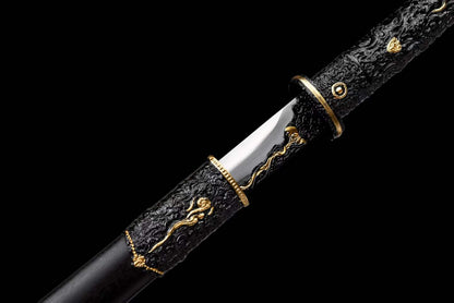 Integrated Full Tang High‑Manganese Steel Tang Straight Dao, Sharp Blade, One‑Piece Metal Handle, Solid Wood Scabbard Black‑Gold Dragon Pattern Ancient Chinese Collectible Sword