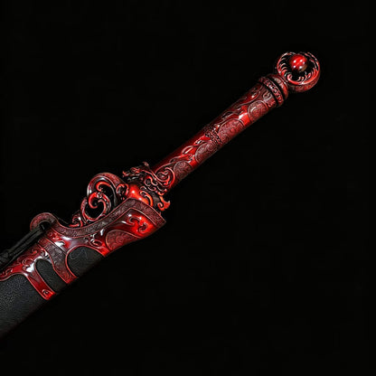 Blazing Dragon Soul Sword, One‑Piece Metal Handle, **Full Tang Construction, Sharp Blade**, Forged High‑Manganese Steel Blade, Red Alloy Dragon Fittings, Solid Wood Scabbard Wrapped in Artificial Leather, Chinese Fantasy Collectible Sword