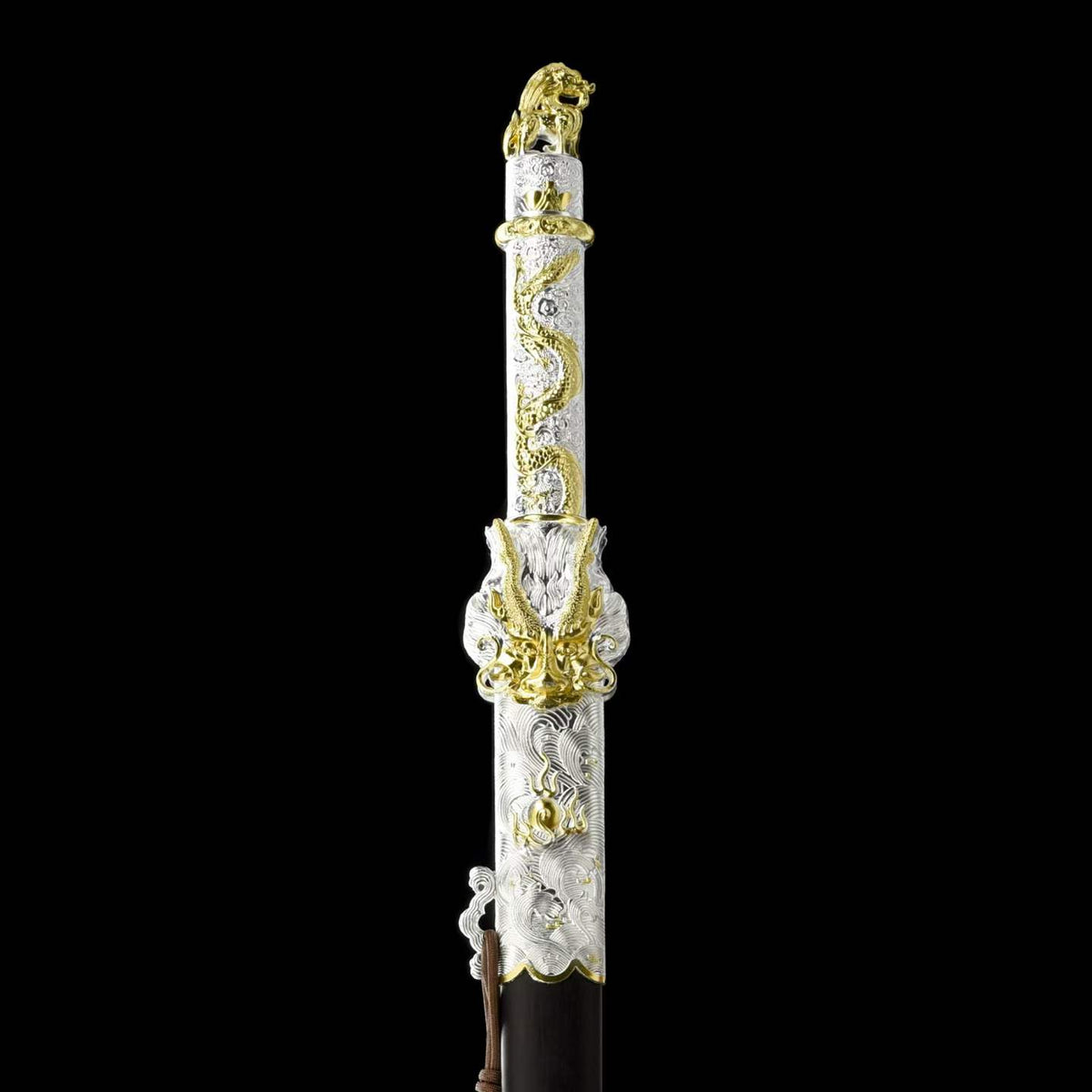 Golden Dragon Koi Chinese Jian, Full Tang Construction, High Manganese Steel Blade, Sharp Edge, Alloy Fittings, Premium Ebony Scabbard, Collectible Decorative Chinese Sword