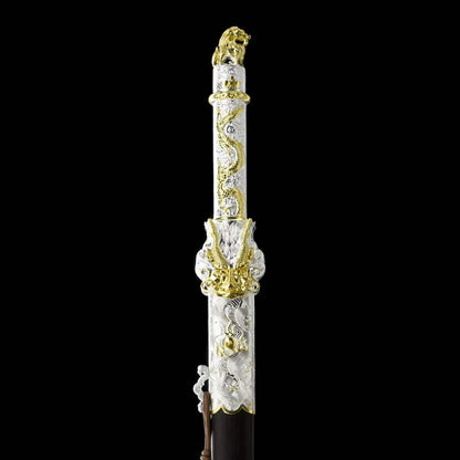 Golden Dragon Koi Chinese Jian, Full Tang Construction, High Manganese Steel Blade, Sharp Edge, Alloy Fittings, Premium Ebony Scabbard, Collectible Decorative Chinese Sword
