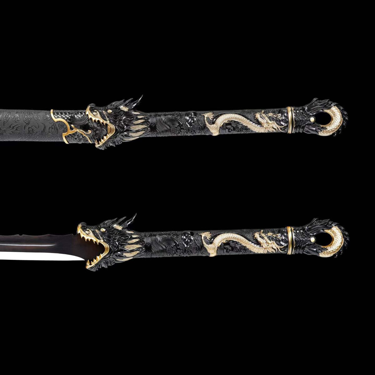 Black Dragon Battle Dao, Full Tang Construction, High Manganese Steel Blade, Alloy Fittings, Artificial Leather Wrapped Solid Wood Scabbard, Collectible Decorative Chinese Sword