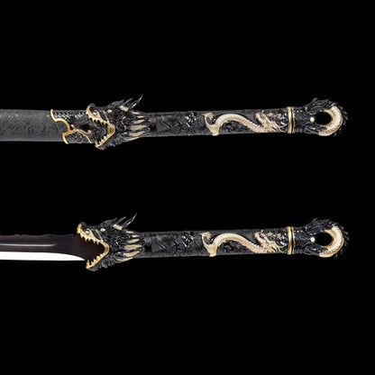 Black Dragon Battle Dao, Full Tang Construction, High Manganese Steel Blade, Alloy Fittings, Artificial Leather Wrapped Solid Wood Scabbard, Collectible Decorative Chinese Sword