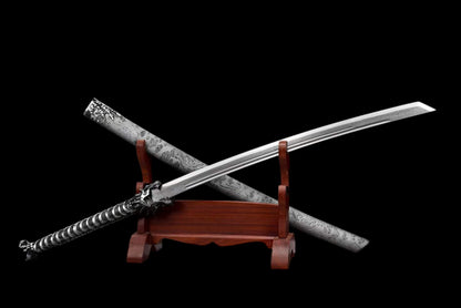 Dragon Roar Mystic Scale, Damascus Steel Forged Blade, Alloy Dragon Fittings, Full Tang Construction, Sharp Edge, Collectible Decorative Sword