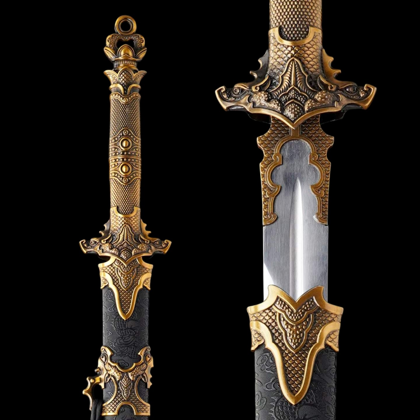 Sharp Blade Chinese Straight Sword, High‑Manganese Steel Blade, Integrated Alloy Handle, Wood Scabbard With Dragon‑Embossed Faux Leather, Historical Collectible Sword