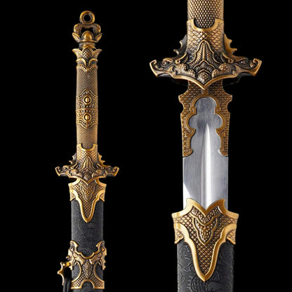 Sharp Blade Chinese Straight Sword, High‑Manganese Steel Blade, Integrated Alloy Handle, Wood Scabbard With Dragon‑Embossed Faux Leather, Historical Collectible Sword