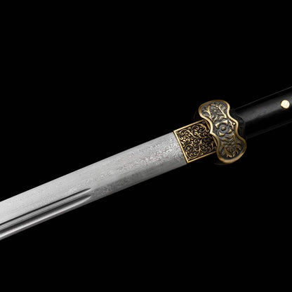 Full Tang Black Ding Baiying Chinese Sword, Forged Damascus Steel Sharp Blade, Brass Engraved Fittings, Dark Dragon Phoenix Sandalwood Scabbard, Wuxia Collectible Sword