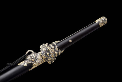 Suanni Tang Dao, Full Tang Construction, Sharp Blade, Damascus Steel Forged Blade, Premium Ebony Wood Handle And Scabbard, Historical Replica Collectible Sword