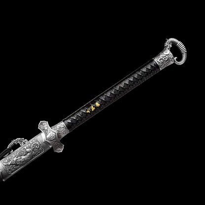 Cold‑Ruins Ring‑Pommel Two‑Handed Chinese Sword, Full Tang, Sharp Blade, High‑Manganese Steel, Alloy Fittings, Wood Handle Wrapped With Leather, Wood Artificial Leather Scabbard Collectible Sword