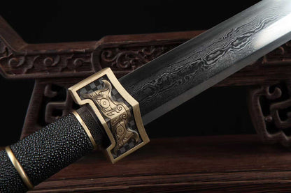 20‑Inch Black Ray‑Skin Ruyi Chinese Jian, Full Tang Construction, Sharp Blade, Hand Forged Damascus Steel Blade, Aged Solid Copper Fittings, Genuine Ray‑Skin Wrapped Scabbard, Historical Replica Collectible Sword