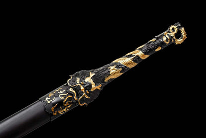 Dragon Theme Chinese Sword, High Manganese Steel Forged, Full Tang, Sharp Blade, Mirror Polished Convex Blade, Ebony Scabbard Collectible Decorative Sword