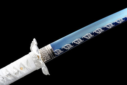 Qinghe Waming Katana, Full Tang Construction, High Manganese Steel Blade, Silver Alloy Lotus & Frog Fittings, Silver Artificial Leather Wrapped Solid Wood Scabbard, Collectible Decorative Sword