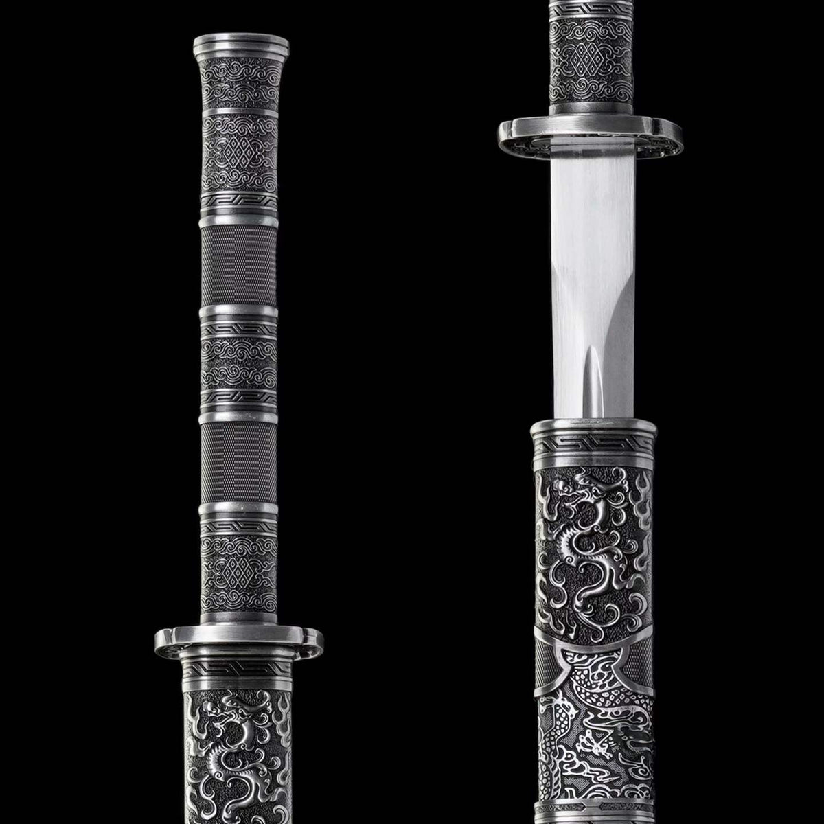 Full Tang Twin Dragon Mother & Son Sword Set, High Manganese Steel Chinese Double Sword, Sharp Blade, Antique Silver Carved Fittings, Decorative Collectible Sword
