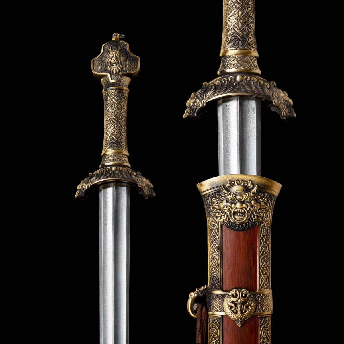 Yu‑Chen Coiled Dragon Jian, Full Tang Construction, Sharp Blade, Hand‑Forged Damascus Steel, Antique‑Finished Solid Copper Fittings, One‑Piece Copper Handle, Dragon‑Phoenix Hardwood Scabbard Wrapped With Full Copper, Historical Collectible Chinese Sword