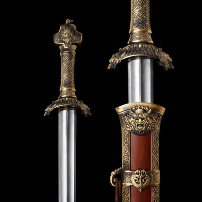 Yu‑Chen Coiled Dragon Jian, Full Tang Construction, Sharp Blade, Hand‑Forged Damascus Steel, Antique‑Finished Solid Copper Fittings, One‑Piece Copper Handle, Dragon‑Phoenix Hardwood Scabbard Wrapped With Full Copper, Historical Collectible Chinese Sword