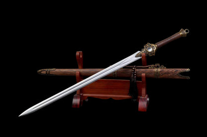 Bagua Chinese Sword, Full Tang Construction, High Manganese Steel Blade, Y-shaped Fuller, Sharp Edge, Rotatable Tai Chi Alloy Fittings, Premium Hainan Huanghuali Wood Scabbard, Collectible Decorative Chinese Sword