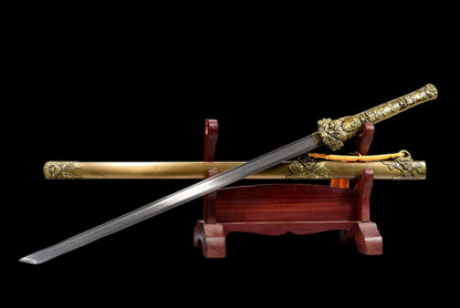 Full Tang Dragon Guardian Saber, Antique Bronze Dragon Alloy Fittings, Damascus Steel Sharp Edge, Antique Bronze Finished Solid Wood Scabbard, Chinese Collectible Sword