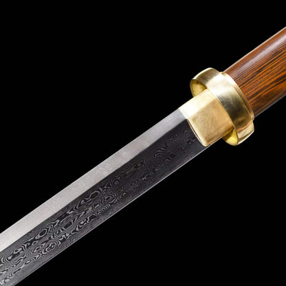 Straight Chinese Tang Dao, Full Tang Construction, Hand-Forged Damascus Steel Blade, Sharp Edge, Hand Polished, Brass Fittings, Premium Wenge Wood Scabbard & Handle, Collectible Chinese Sword