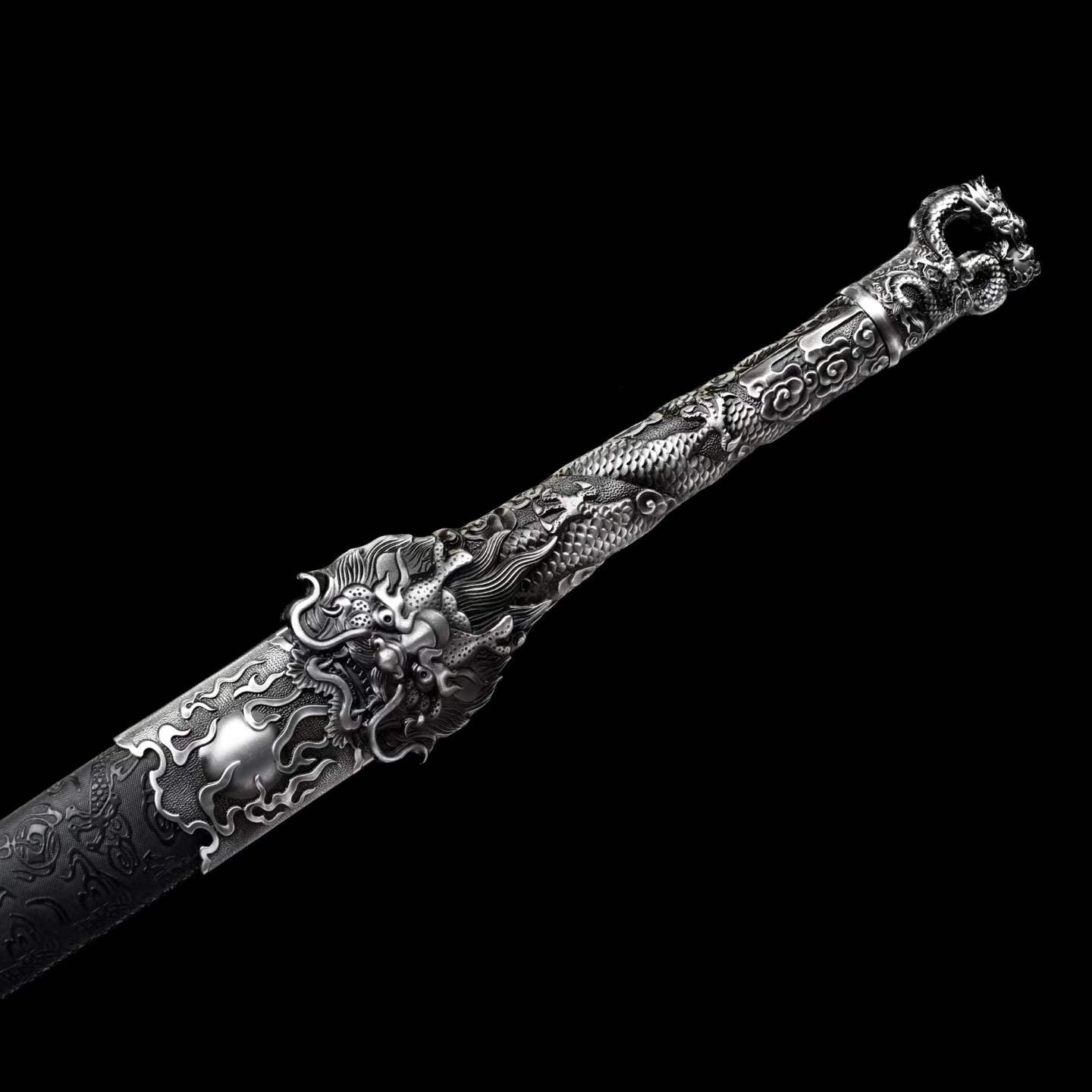 Coiled‑Dragon Ring‑Pommel Jian, Full Tang Construction, Sharp Blade, Forged High‑Manganese Steel Double Fuller Blade, Alloy Dragon‑Carved Fittings, One‑Piece Metal Handle, Solid‑Wood Faux‑Leather Wrapped Scabbard, Historical Chinese Collectible Sword