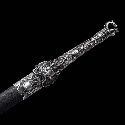 Coiled‑Dragon Ring‑Pommel Jian, Full Tang Construction, Sharp Blade, Forged High‑Manganese Steel Double Fuller Blade, Alloy Dragon‑Carved Fittings, One‑Piece Metal Handle, Solid‑Wood Faux‑Leather Wrapped Scabbard, Historical Chinese Collectible Sword