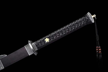 Zhen‑Yuan Ming Official Dao, Full Tang Construction, Sharp Blade, Forged Damascus Steel, Dual Fuller, Dragon‑Phoenix Hardwood Cord‑Wrapped Handle And Scabbard, Historical Replica Collectible Sword