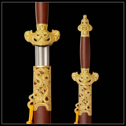 Nine‑Dragon Sword, Full Tang Hand Forged Damascus Steel Chinese Jian, Sharp Blade, Dual Fullers, Alloy Fittings With Gold‑Toned Open‑Work Dragon Ornaments, Dragon‑Phoenix Sandalwood Handle & Scabbard, Historical Collectible Sword